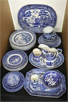 LOT OF BLUE WILLOW DISHES, SERVING PLATTER,