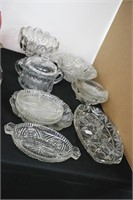 LOT OF PRESSED GLASS ITEMS PICKEL TRAYS, CANDY