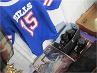Bills shirt signed, Olympus camera, Tasco binocs