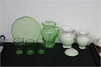 LOT OF PRESSED GREEN GLASS AND PAINTED ITMES