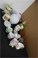LOT OF TEA CUPS, SAUCERS, FIGURINE,COVERED DISHES