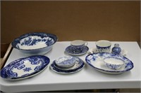 LOT OF BLUE AND WHITE DISHES, BOWL,CUP AND SAUCER