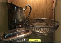 SHELF LOT OF SILVER PLATE PITCHER AND BASKET