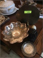 TRAY LOT OF SILVER PLATE, BRASS, CAST IRON