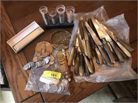 COINS, MAGNIFYING GLASS, FLAT WARE