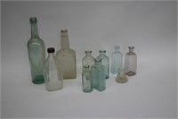 LOT OF 10 ASSORTED GLASS BOTTLES, INK WELL