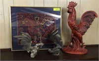 ROOSTER LOT- PRINT, STATUES, PEWTER FIGURINES