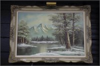 LARGE FRAMED SIGNED OIL ON CANVAS WITH LIGHT