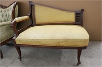 SMALL ANTIQUE SETTEE , CUISHON HAS STAINS