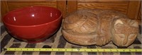Carved wooden cat & red ceramic bowl decor