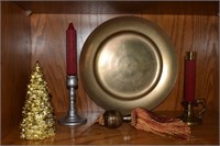 Misc decor lot: brass candles plate tree