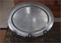 Lg York pewter oval platter w/ wrought iron stand