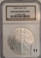 2008 Silver Eagle, Gem Unc, NGC