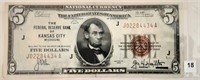 1929 $5 Federal Reserve Note, Kansas City