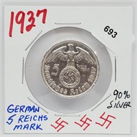 1937 90% Silver German 5 Reichs Mark