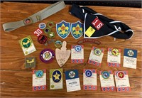 Boy Scouts merit badges, patches, belt and bandana