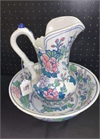 Floral wash basin with pitcher