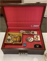 Wooden jewelry box with contents