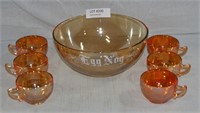 VTG. MARIGOLD CARNIVAL GLASS EGG NOG BOWL & CUPS