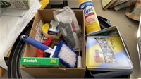 BOX OF TAPES, BRUSHES, LYSOL, TOOLS AND MANY
