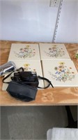 4 METAL TILES AND MINOLTA CAMERA WITH COVER AND