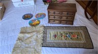 JEWELRY BOX, LACY DOILIE AND ASIAN TABLE MAT AND