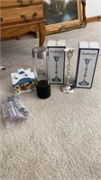 SILVER PLATED CANDLESTICKS, SNOW LIGHTED HOUSE ,