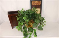 Wooden Planter W/ Brass Wall Planter and Greenery