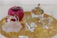 3 Glass Animal Figures and 2 Glass Apples