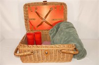 Wicker Picnic Basket W/ Contents and Blanket