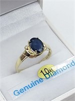 10 Kt. Yellow Gold Blue Sapphire Diamond Ring SZ.