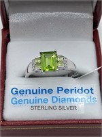 Sterling Silver Peridot & Diamond Ring SZ. 6