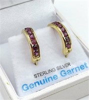 Sterling Silver Yellow Gold Plated Garnet Hoop
