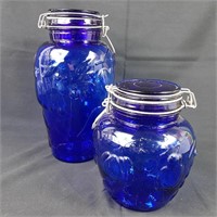 Two Matching Cobalt Blue Glass Canisters