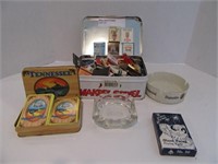 LOT OF TINS, MATCHES, ASHTRAYS AND PLAYING CARDS