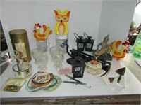 LOT OF BRICK A BRAC, LUCITE OWL AND CHICKENS