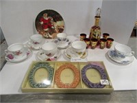 TEA CUPS, RUBY DECANTER AND GLASSES ETC