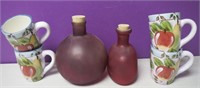 Lot of 2 Spanish Red Glass Bottles, 4 China Cups