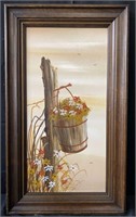 Signed framed painting on board approx 29" x 17”