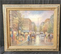 Signed oil on canvas Parisian street scene