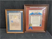 Pair of framed documents approx 18" x 14"