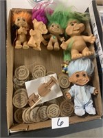 TROLLS, WOODEN NICKELS, WOODEN STATUE