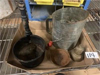 MISC CAST IRON ITEMS, SIFTER, BELL
