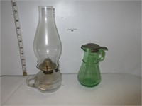 OIL LAMP; GREEN PITCHER
