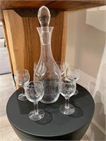 Beautiful Set of Etched Glass Decanter & Glasses