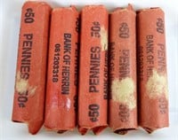 5 Rolls of Wheat Pennies  Marked Bank of Herrin