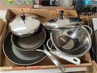 2 Frying Pans, Calphalon 5 Qt Pot, SS Strainer,