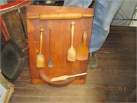 Vtg. Wooden Dough Board & Wooden Utensils