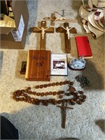 Religious pieces; cross, bibles, rosary, misc.