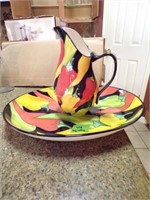 Glazed Clay Art Pitcher and platter